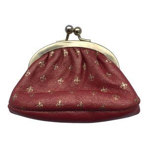 Vintage Red Leather Kiss Lock Change Purse Fleur de Lis Design